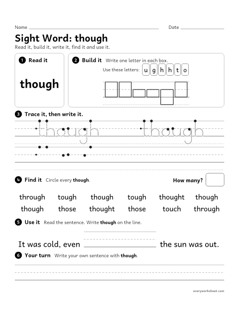 Preview of the printable “2nd grade sight Word: though” worksheet: reading, building, writing and finding the sight word "though"