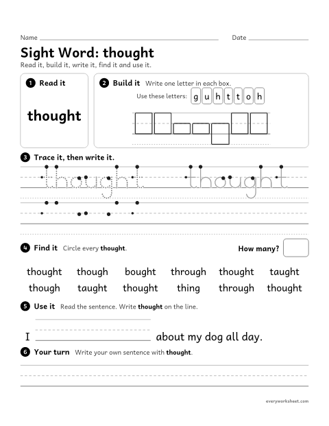 Preview of the printable “2nd grade sight Word: thought” worksheet: reading, building, writing and finding the sight word "thought"