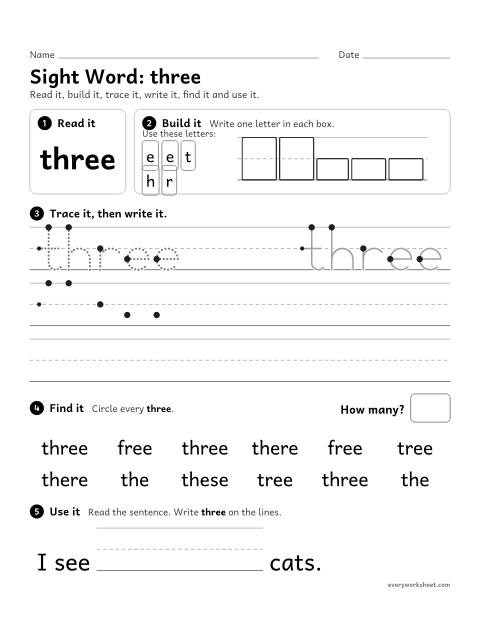 Preview of the printable “Sight Word: three” worksheet: reading and writing the sight word "three"