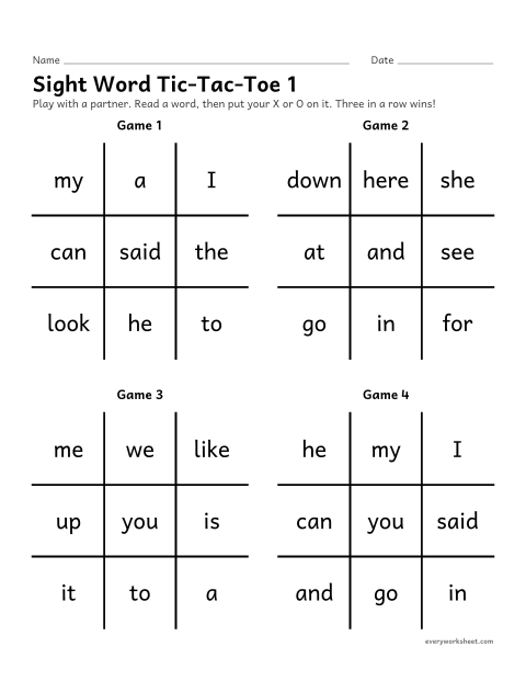 Preview of the printable “Sight word Tic-Tac-Toe 1” worksheet: reading sight words 1-25 to take a turn