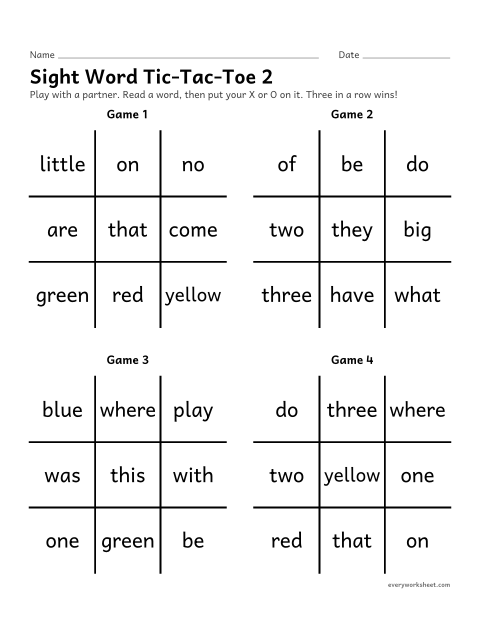 Preview of the printable “Sight word Tic-Tac-Toe 2” worksheet: reading sight words 26-50 to take a turn
