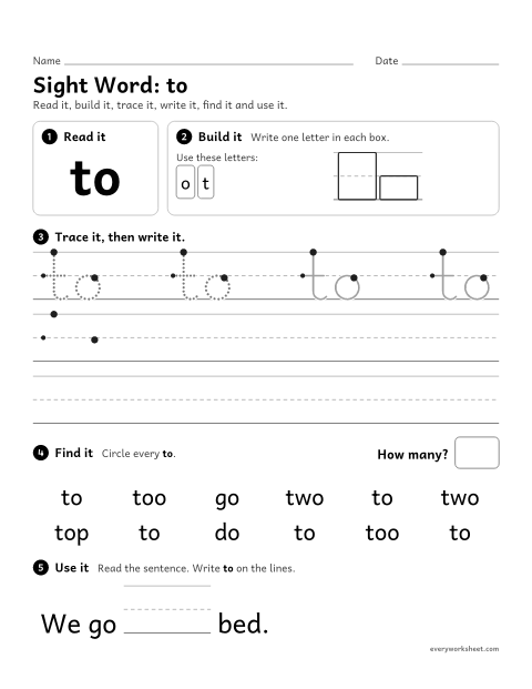 Preview of the printable “Sight Word: to” worksheet: reading and writing the sight word "to"