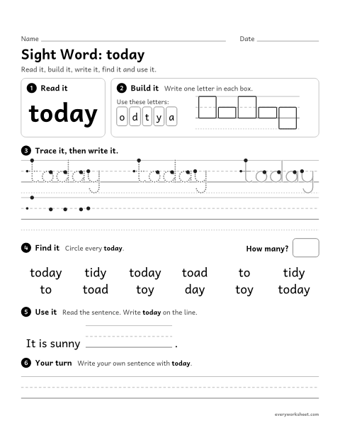 Preview of the printable “2nd grade sight Word: today” worksheet: reading, building, writing and finding the sight word "today"