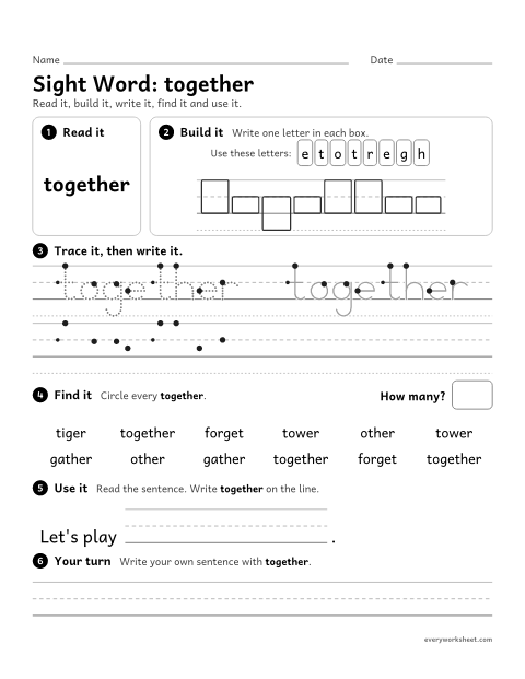 Preview of the printable “2nd grade sight Word: together” worksheet: reading, building, writing and finding the sight word "together"