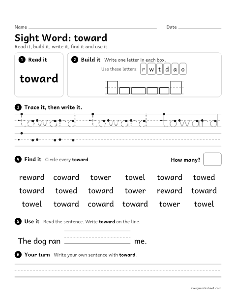 Preview of the printable “3rd grade sight Word: toward” worksheet: reading, spelling, writing and finding the sight word "toward"