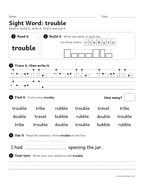 Preview of the printable “3rd grade sight Word: trouble” worksheet: reading, spelling, writing and finding the sight word "trouble"