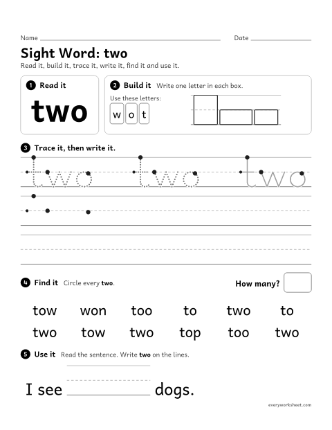 Preview of the printable “Sight Word: two” worksheet: reading and writing the sight word "two"