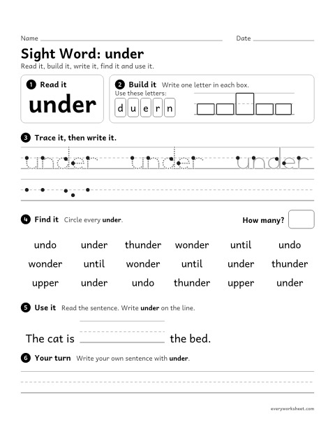 Preview of the printable “2nd grade sight Word: under” worksheet: reading, building, writing and finding the sight word "under"