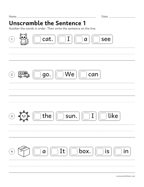 Preview of the printable “Unscramble the sentence 1: sight words” worksheet: putting sight words in order to make a sentence