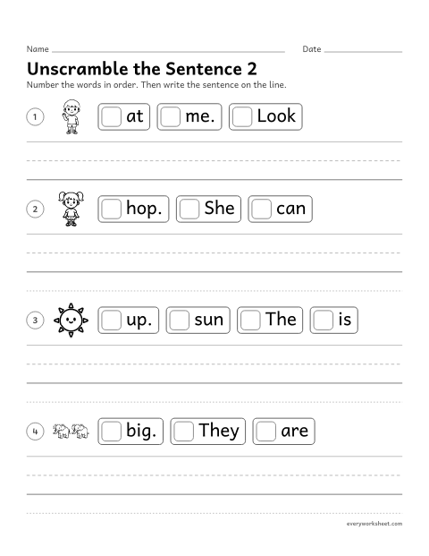 Preview of the printable “Unscramble the sentence 2: sight words” worksheet: putting sight words in order to make a sentence