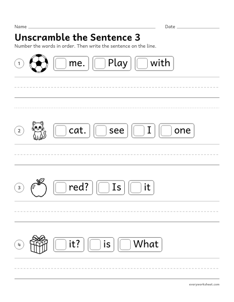 Preview of the printable “Unscramble the sentence 3: sight words” worksheet: putting sight words in order to make a sentence