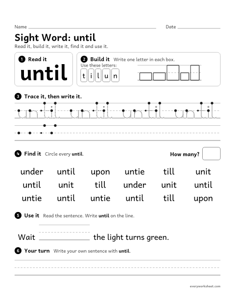 Preview of the printable “2nd grade sight Word: until” worksheet: reading, building, writing and finding the sight word "until"