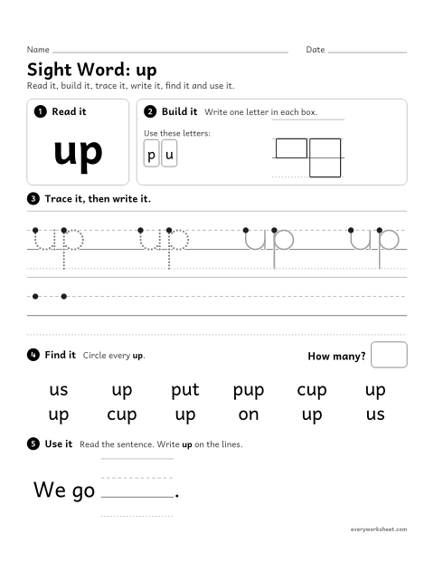 Preview of the printable “Sight Word: up” worksheet: reading and writing the sight word "up"
