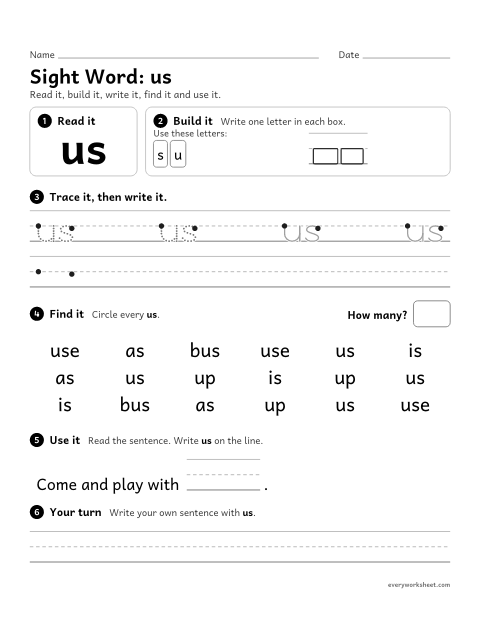 Preview of the printable “2nd grade sight Word: us” worksheet: reading, building, writing and finding the sight word "us"