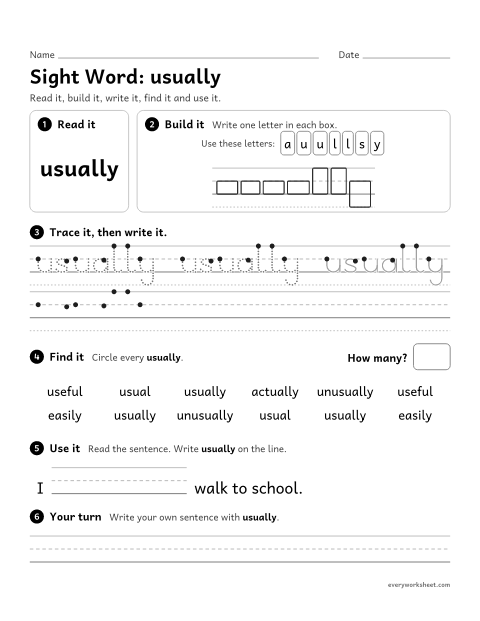 Preview of the printable “3rd grade sight Word: usually” worksheet: reading, spelling, writing and finding the sight word "usually"