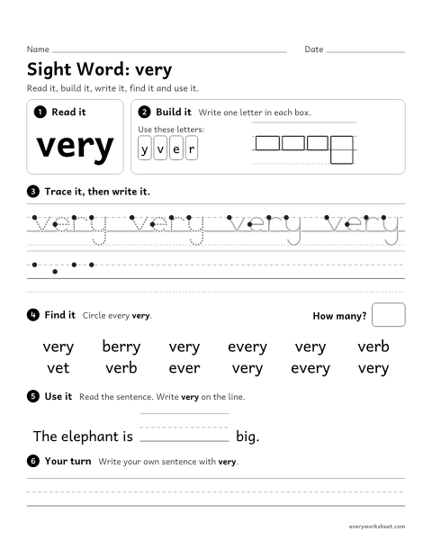 Preview of the printable “2nd grade sight Word: very” worksheet: reading, building, writing and finding the sight word "very"
