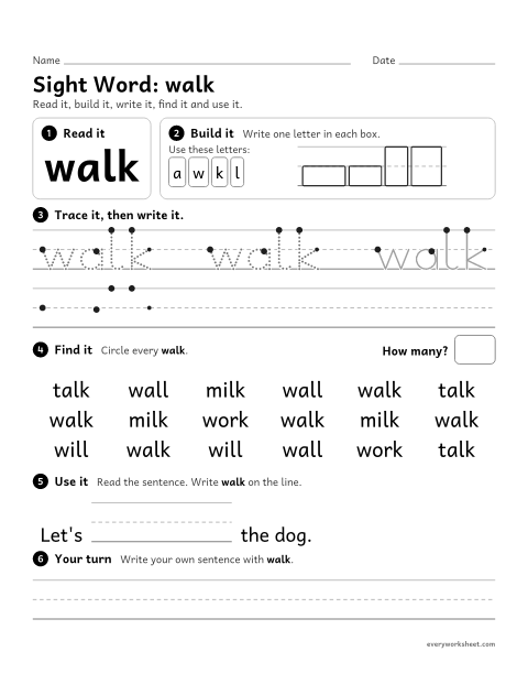Preview of the printable “1st grade sight Word: walk” worksheet: reading, building, writing and finding the sight word "walk"