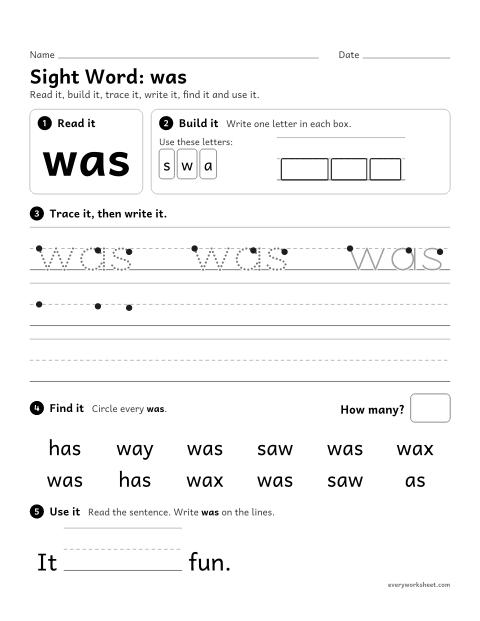 Preview of the printable “Sight Word: was” worksheet: reading and writing the sight word "was"