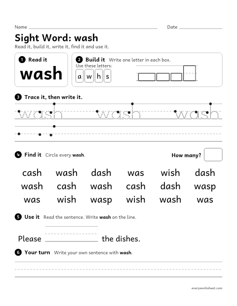 Preview of the printable “2nd grade sight Word: wash” worksheet: reading, building, writing and finding the sight word "wash"