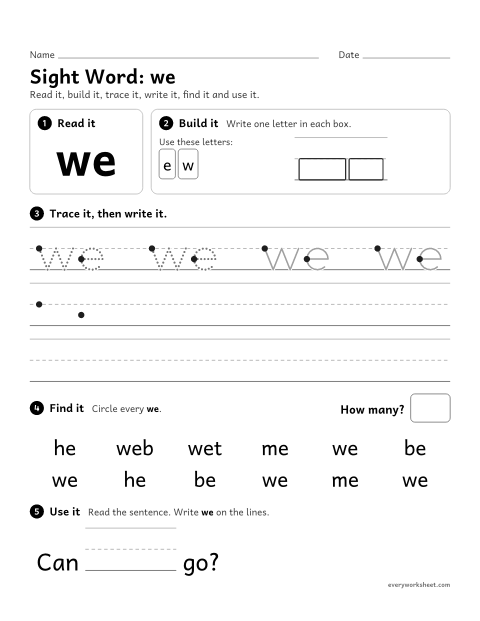 Preview of the printable “Sight Word: we” worksheet: reading and writing the sight word "we"