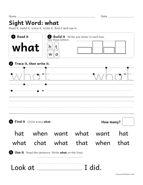 Preview of the printable “Sight Word: what” worksheet: reading and writing the sight word "what"