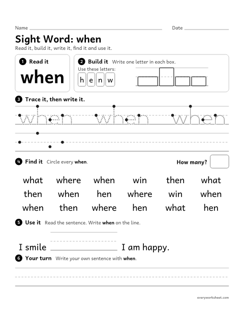 Preview of the printable “1st grade sight Word: when” worksheet: reading, building, writing and finding the sight word "when"