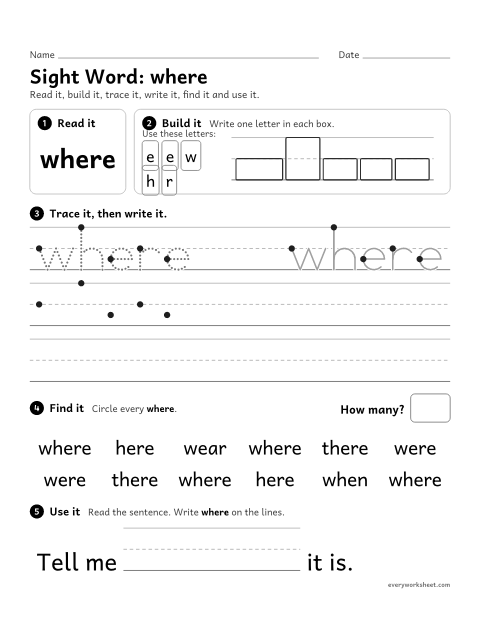 Preview of the printable “Sight Word: where” worksheet: reading and writing the sight word "where"