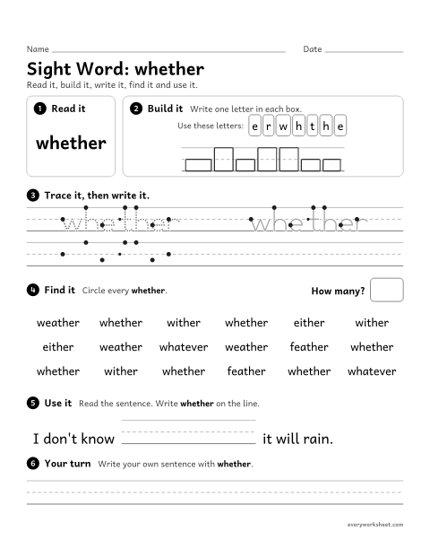 Preview of the printable “3rd grade sight Word: whether” worksheet: reading, spelling, writing and finding the sight word "whether"