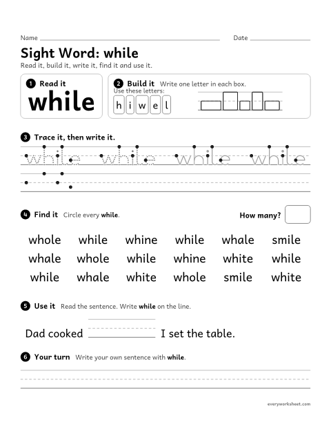 Preview of the printable “3rd grade sight Word: while” worksheet: reading, spelling, writing and finding the sight word "while"