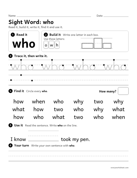 Preview of the printable “1st grade sight Word: who” worksheet: reading, building, writing and finding the sight word "who"