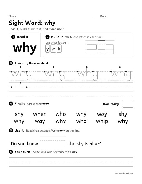 Preview of the printable “2nd grade sight Word: why” worksheet: reading, building, writing and finding the sight word "why"