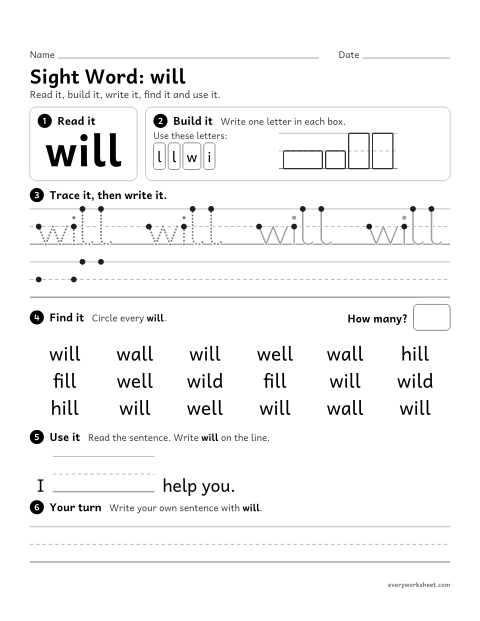 Preview of the printable “1st grade sight Word: will” worksheet: reading, building, writing and finding the sight word "will"