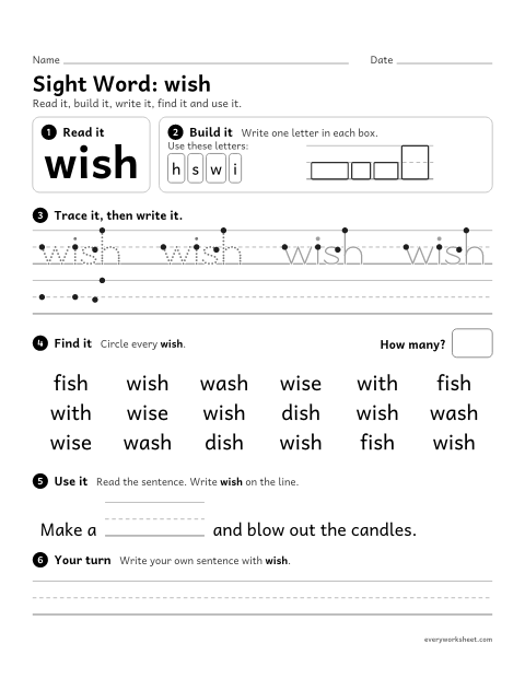 Preview of the printable “2nd grade sight Word: wish” worksheet: reading, building, writing and finding the sight word "wish"