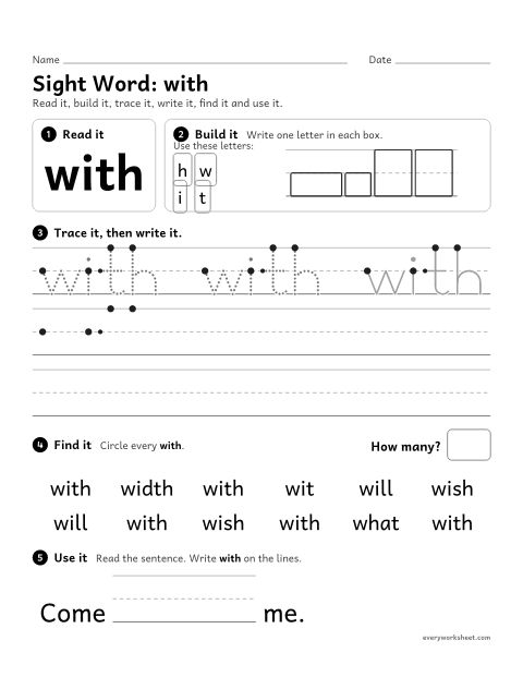 Preview of the printable “Sight Word: with” worksheet: reading and writing the sight word "with"