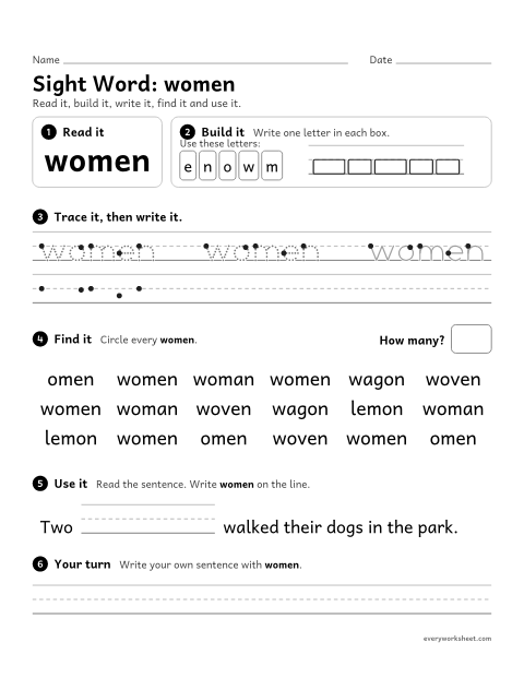 Preview of the printable “3rd grade sight Word: women” worksheet: reading, spelling, writing and finding the sight word "women"
