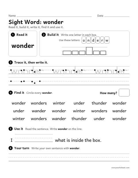 Preview of the printable “3rd grade sight Word: wonder” worksheet: reading, spelling, writing and finding the sight word "wonder"