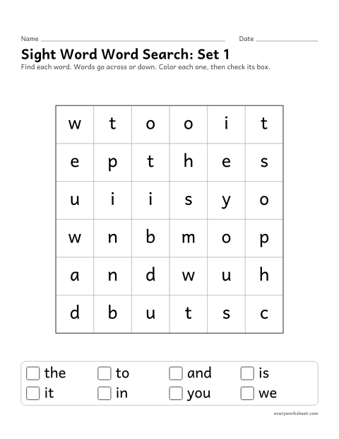 Preview of the printable “Sight word word Search: set 1” worksheet: finding sight words from set 1 by their letters