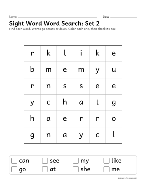 Preview of the printable “Sight word word Search: set 2” worksheet: finding sight words from set 2 by their letters