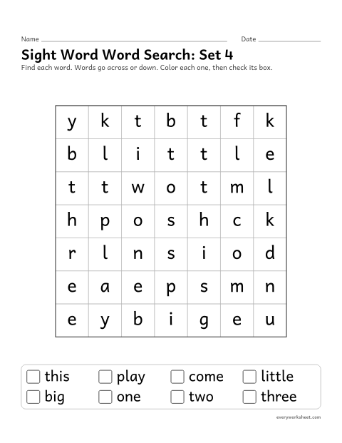 Preview of the printable “Sight word word Search: set 4” worksheet: finding sight words from set 4 by their letters