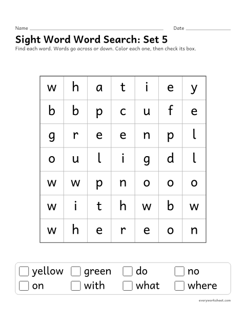 Preview of the printable “Sight word word Search: set 5” worksheet: finding sight words from set 5 by their letters