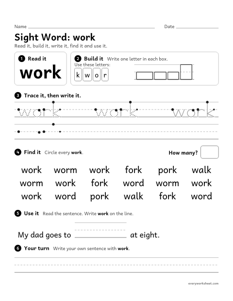 Preview of the printable “2nd grade sight Word: work” worksheet: reading, building, writing and finding the sight word "work"