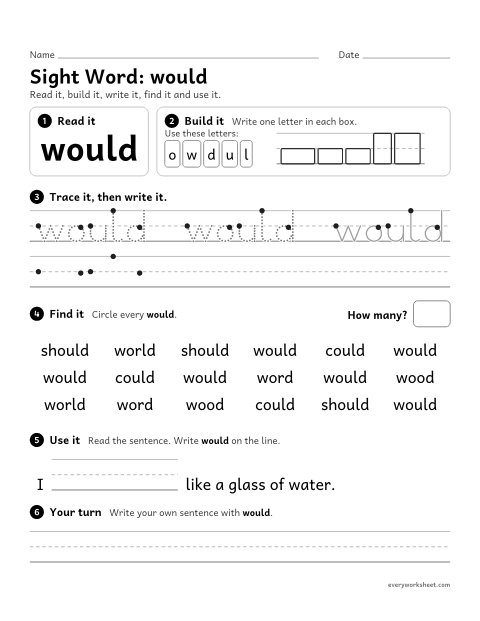 Preview of the printable “2nd grade sight Word: would” worksheet: reading, building, writing and finding the sight word "would"