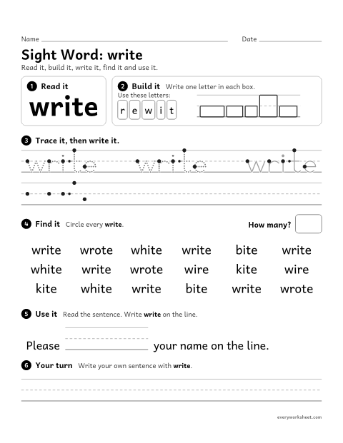 Preview of the printable “2nd grade sight Word: write” worksheet: reading, building, writing and finding the sight word "write"