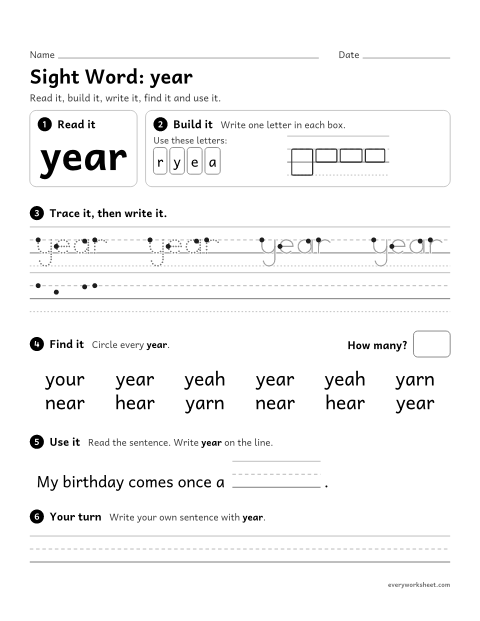 Preview of the printable “3rd grade sight Word: year” worksheet: reading, spelling, writing and finding the sight word "year"