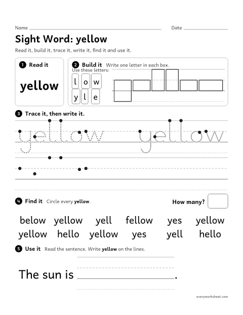 Preview of the printable “Sight Word: yellow” worksheet: reading and writing the sight word "yellow"