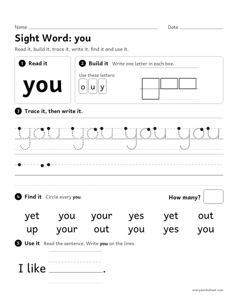 Preview of the printable “Sight Word: you” worksheet: reading and writing the sight word "you"