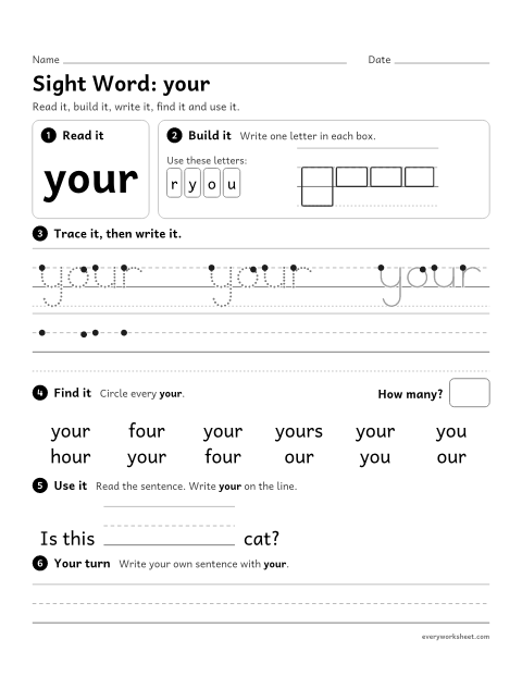 Preview of the printable “1st grade sight Word: your” worksheet: reading, building, writing and finding the sight word "your"