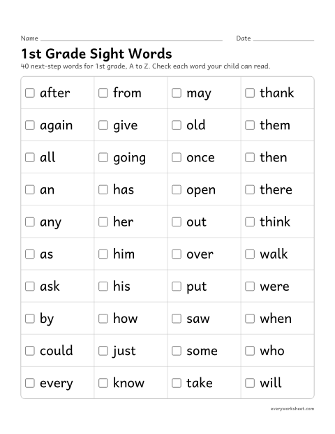 Preview of the printable “1st grade sight words list” worksheet: reading 40 next-step sight words for 1st grade