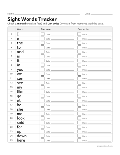Preview of the printable “Sight words Tracker: can Read, can write” worksheet: tracking which sight words a child can read and write