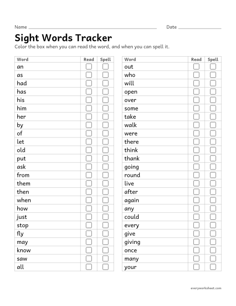 Preview of the printable “1st grade sight words tracker” worksheet: tracking which sight words a child can read and spell